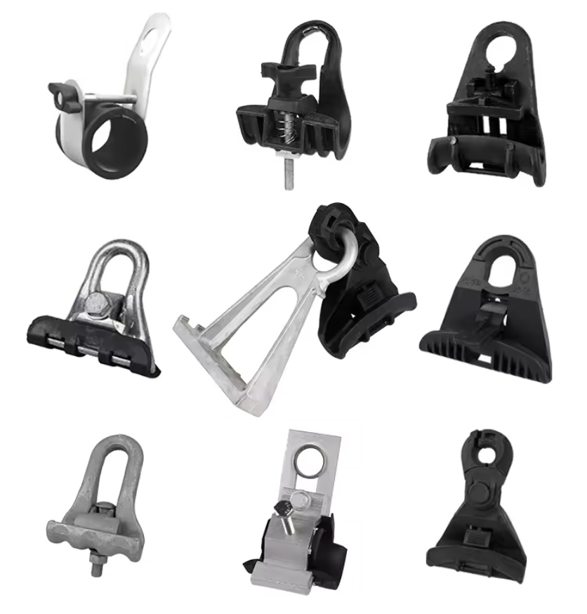 detail-outdoor-fttx-solutions-suspension-clamp-round-adss-cable-support.jpg Szczegółowy widok zacisku zawieszeniowego do okrągłych kabli ADSS w zewnętrznych rozwiązaniach FTTX